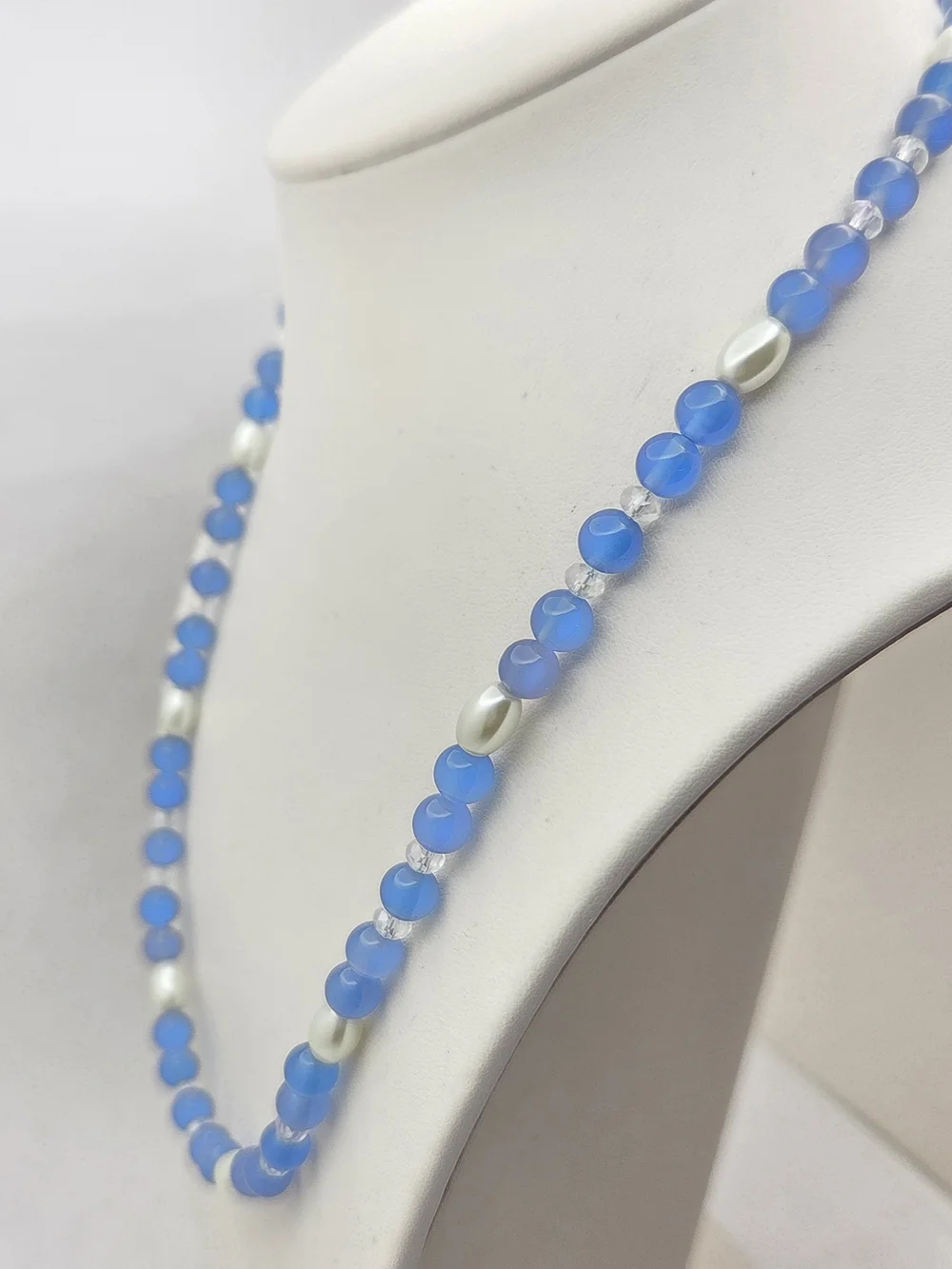 Blue Glass Beaded Faux Pearl & Crystal Accent Strand Necklace - 19